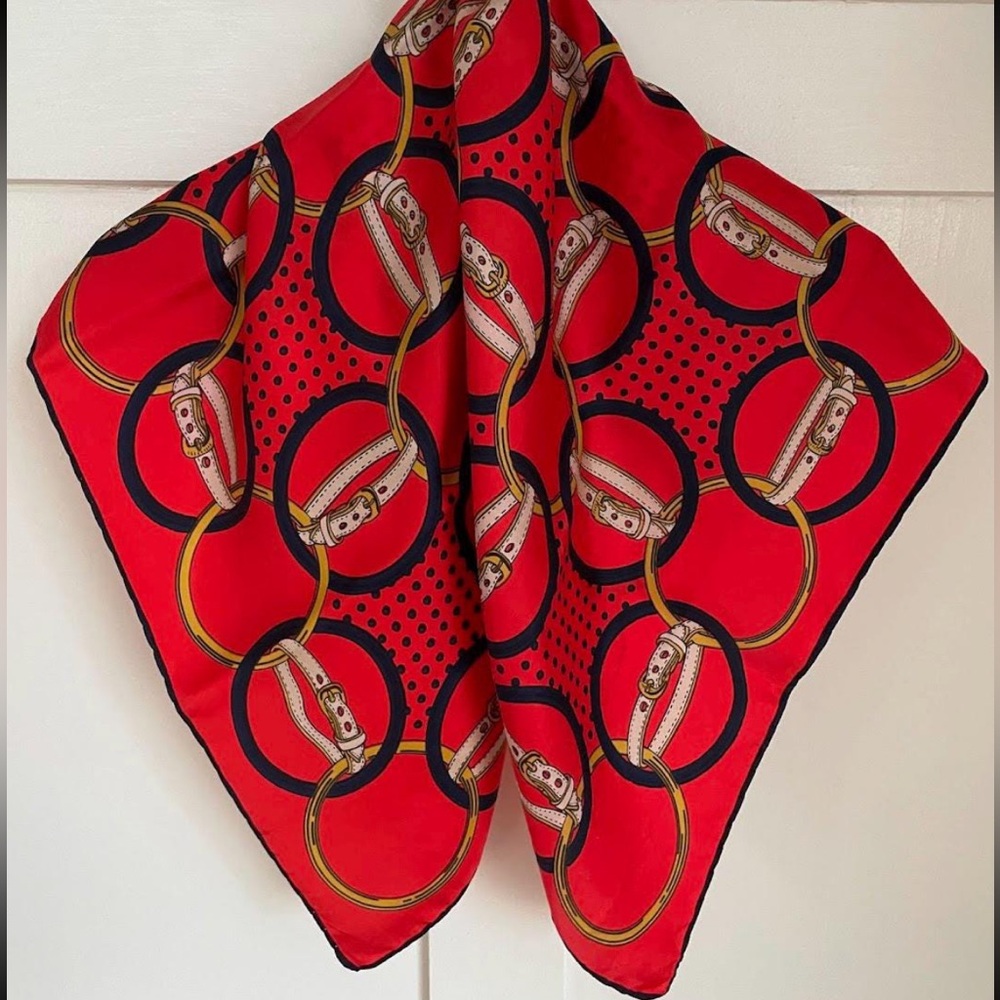 SILK 30” Equestrian & Dot Scarf 🇨🇦 DAVIDS Vintage RED NAVY GOLD TAUPE 1 Mark EVC